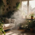 Cozy living room filled with lush plants and fresh flowers with natural light streaming through windows