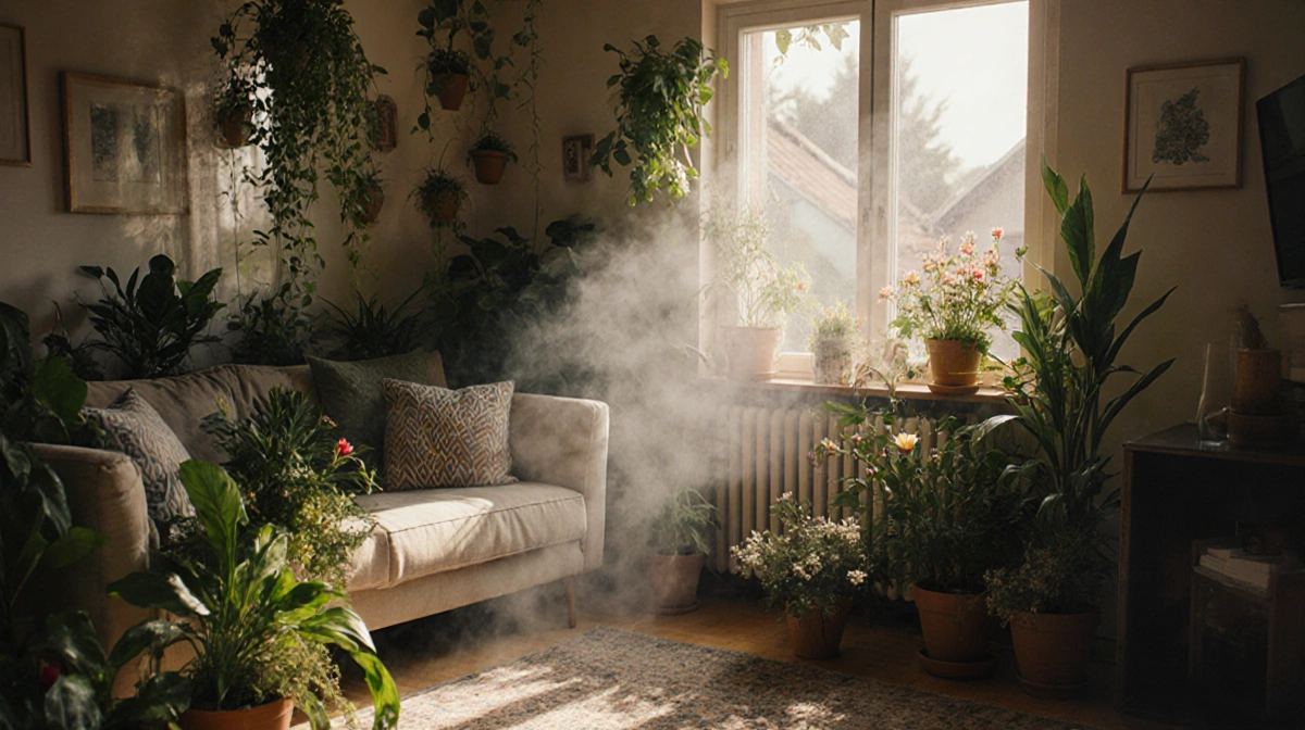 Cozy living room filled with lush plants and fresh flowers with natural light streaming through windows