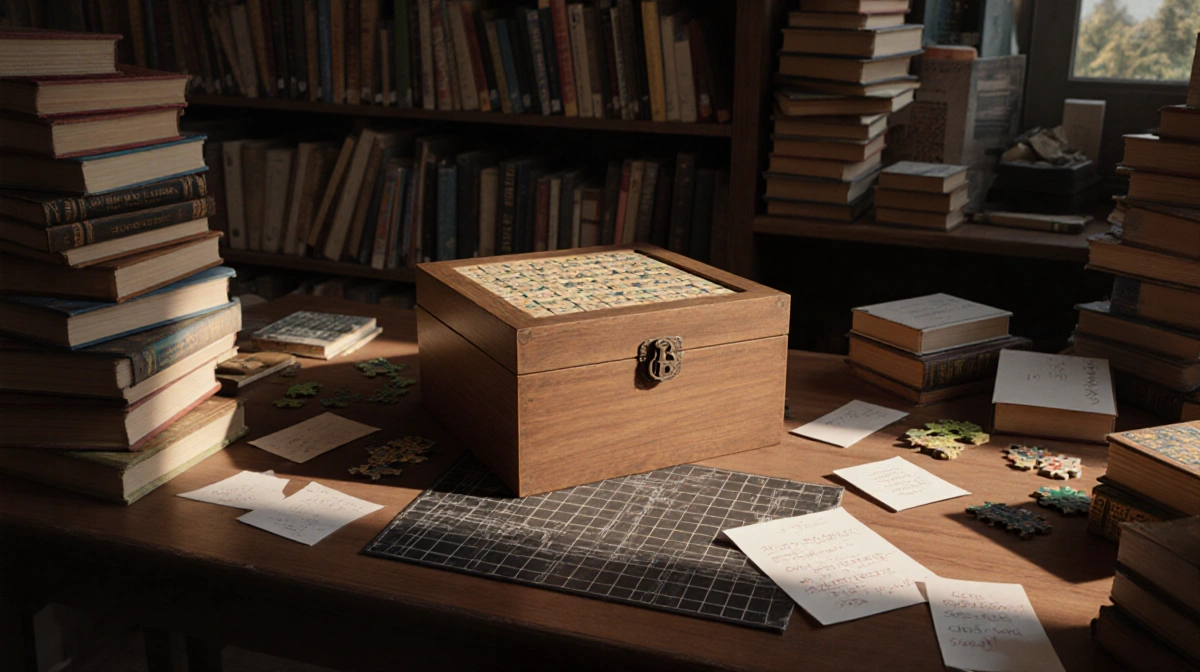 Wooden puzzle box sits on cluttered library table with cryptic notes and books stacked floor to ceiling
