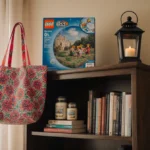 Cozy living room bookshelf displays favorite books with Lego set and Vera Bradley tote bag nearby under warm natural light