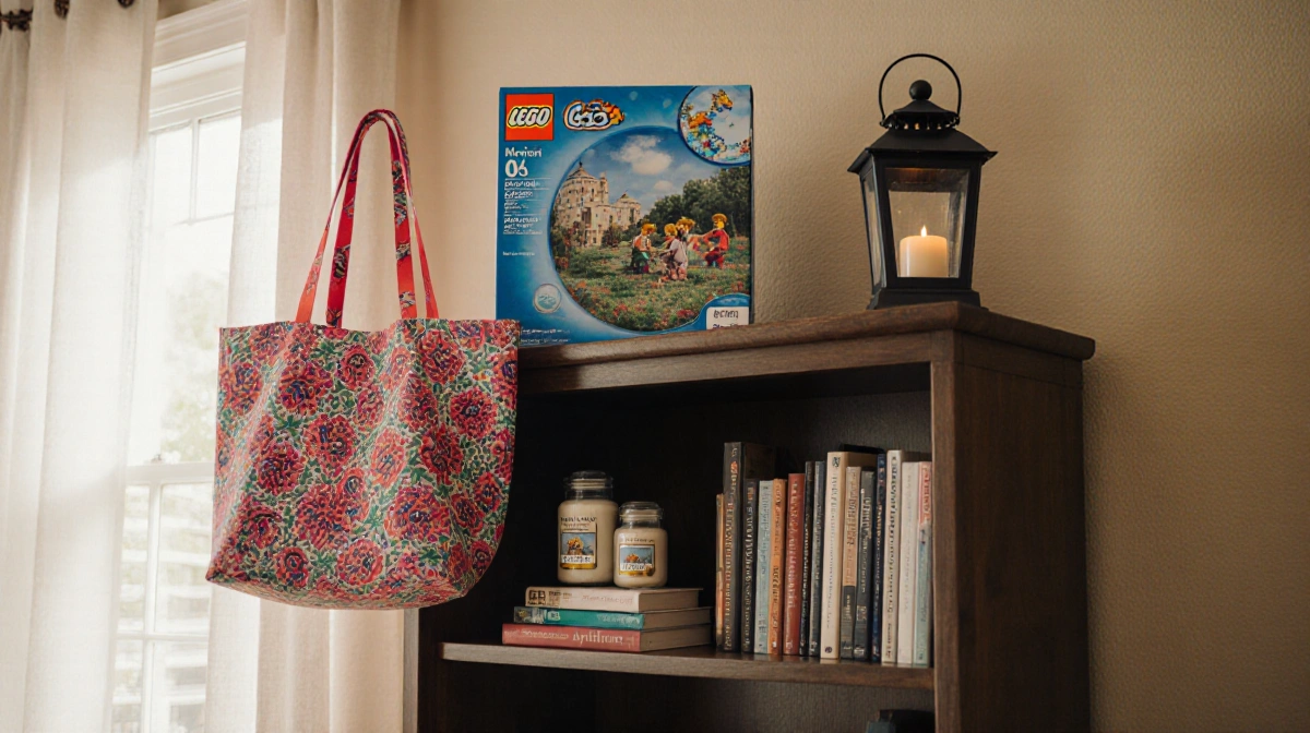 Cozy living room bookshelf displays favorite books with Lego set and Vera Bradley tote bag nearby under warm natural light