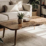 Minimalist wooden coffee table sits in sunlit living room with plants and neutral pillows nearby