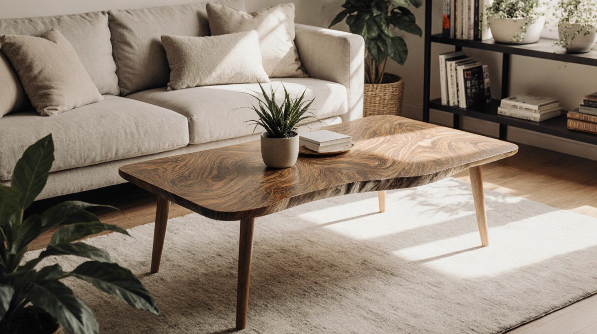 Minimalist wooden coffee table sits in sunlit living room with plants and neutral pillows nearby