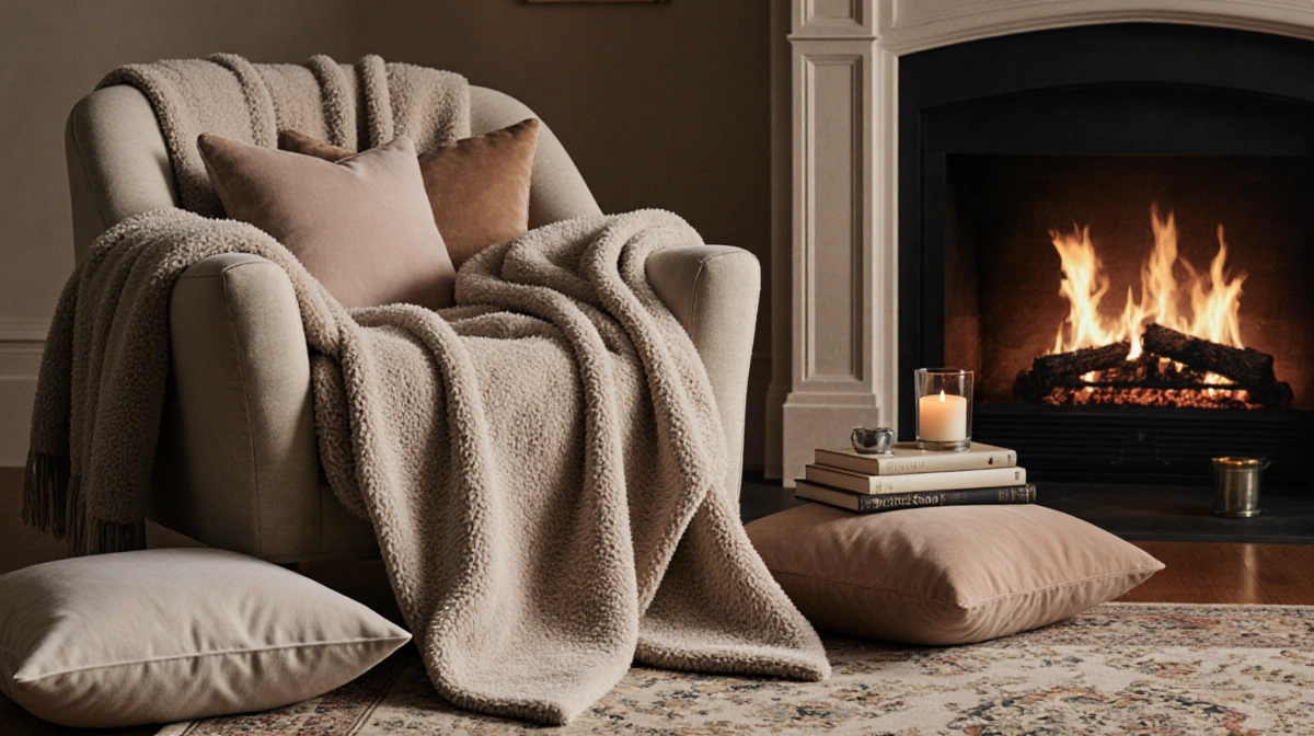 Cozy armchair draped with plush throw blankets and pillows near glowing fireplace with books scattered around