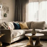 Sunlit sectional sofa anchors the cozy living room with colorful pillows and eclectic side table with vase