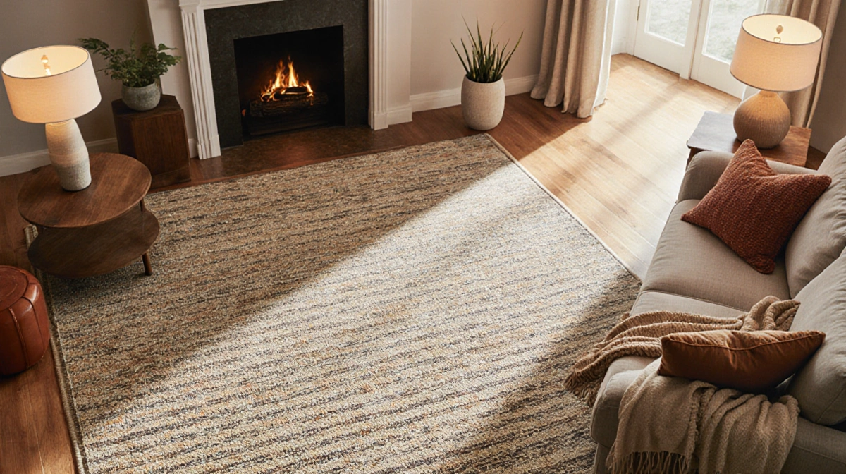 Striped cotton rug anchors cozy living room with glowing table lamps and textured throw pillows creating warm comfort