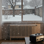 Radiator glowing with blankets and warm light beside portable power station near a large window showing a snowstorm.