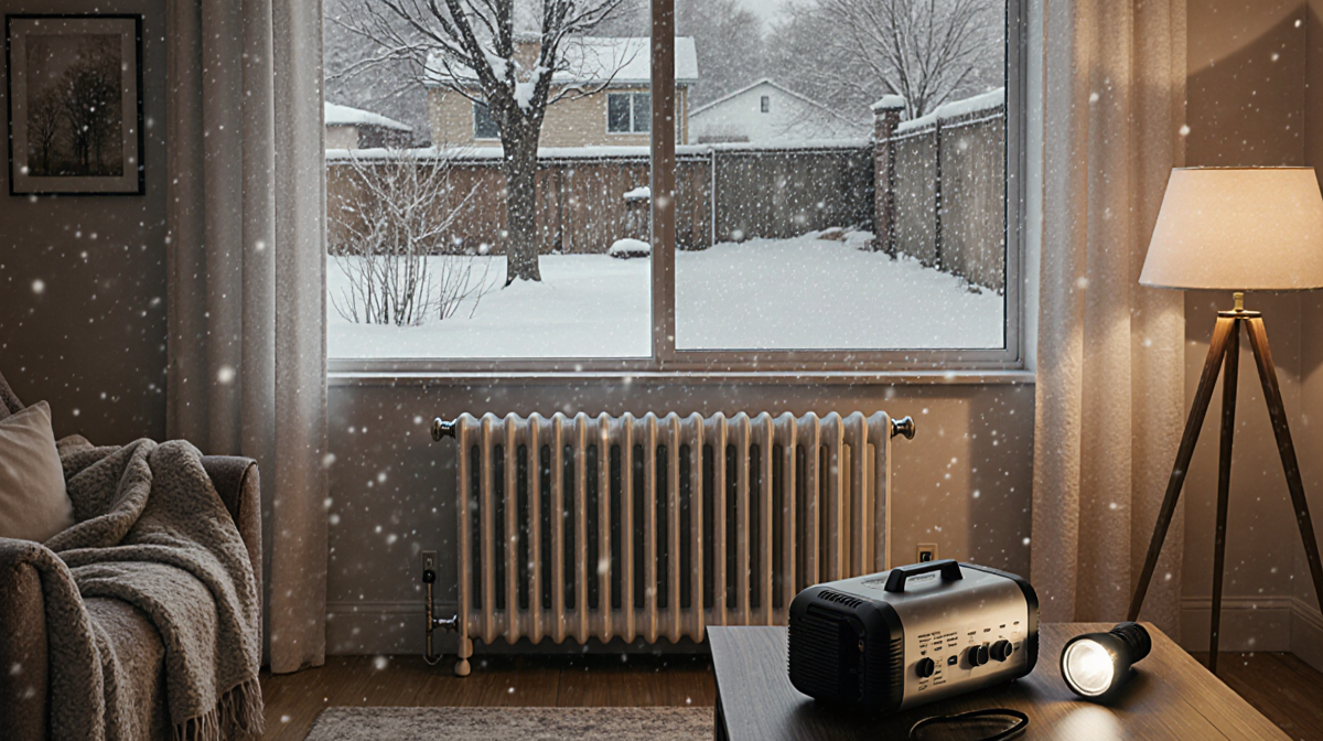 Radiator glowing with blankets and warm light beside portable power station near a large window showing a snowstorm.