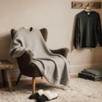 Oversized sweatshirt drapes over armchair with fuzzy slippers below and casual shirts hanging on wall hooks