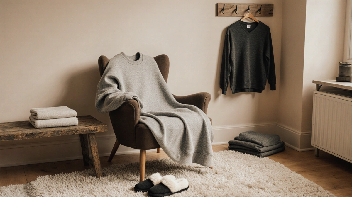 Oversized sweatshirt drapes over armchair with fuzzy slippers below and casual shirts hanging on wall hooks
