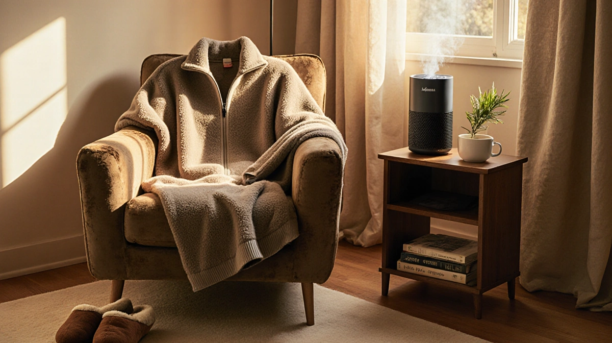 Cozy living room shows fleece sweater draped over armchair with slippers and air purifier nearby