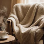 A plush throw blanket drapes over a worn wooden armchair with steaming hot cocoa and books creating a cozy winter afternoon s