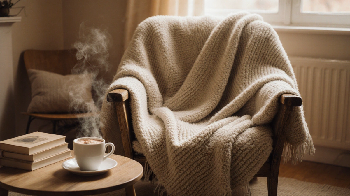 A plush throw blanket drapes over a worn wooden armchair with steaming hot cocoa and books creating a cozy winter afternoon s