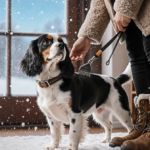 Cavalier Spaniel being stroked by owner with leash and ice scraper while snow falls on the window pane in a cozy living room