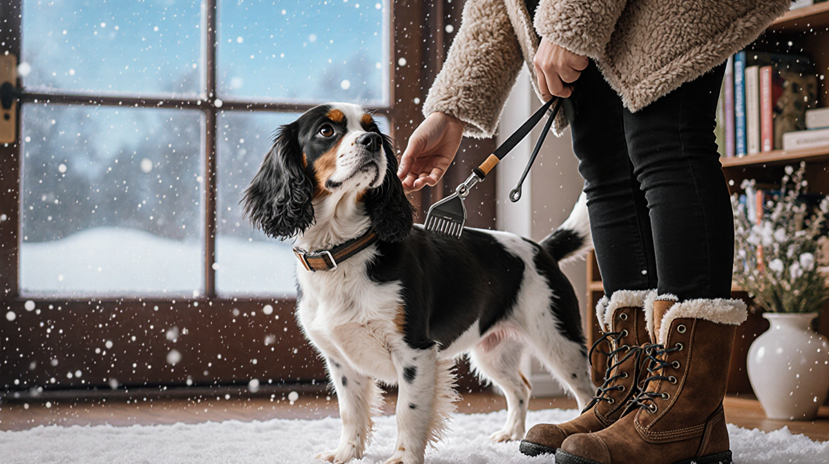 Cavalier Spaniel being stroked by owner with leash and ice scraper while snow falls on the window pane in a cozy living room