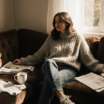 Stylish new mom relaxing on velvet couch with coffee cups and baby clothes bathed in morning light
