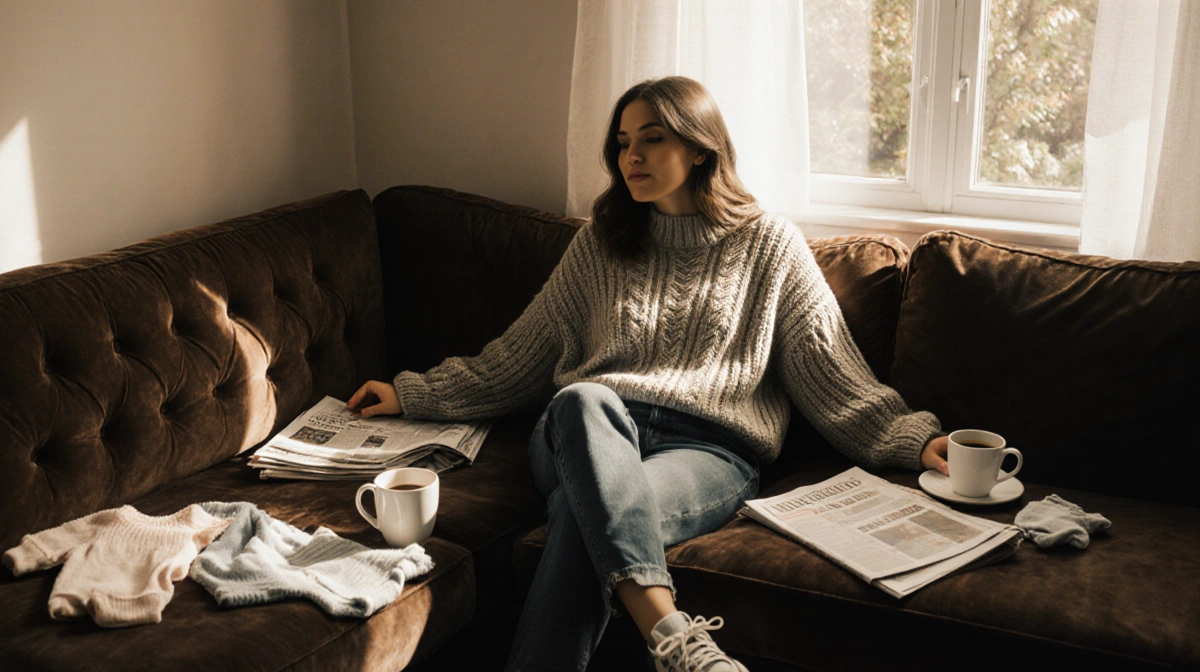 Stylish new mom relaxing on velvet couch with coffee cups and baby clothes bathed in morning light