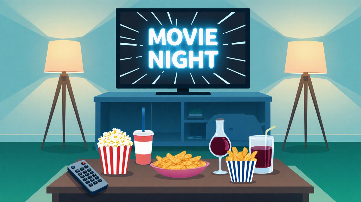 Remote control sits on coffee table with popcorn and drinks while TV shows movie title in cozy living room