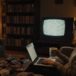 Young woman searches Netflix DVDs on laptop with hot chocolate and vintage TV flickering behind her
