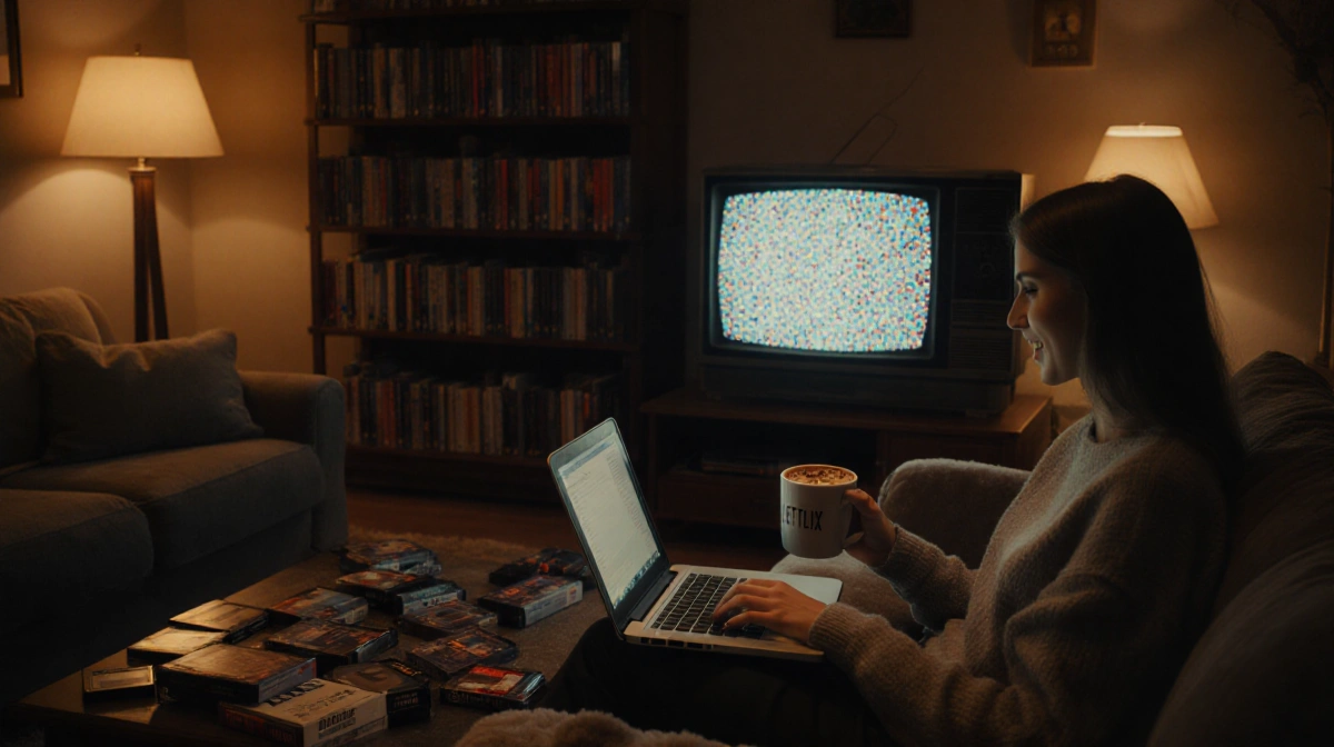 Young woman searches Netflix DVDs on laptop with hot chocolate and vintage TV flickering behind her