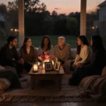 Friends sharing conversation and prayer with candles and flowers on wooden table at dusk