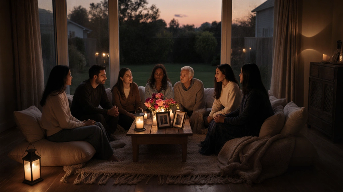 Friends sharing conversation and prayer with candles and flowers on wooden table at dusk