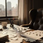 Puzzle enthusiast solving crossword clues with scattered pieces and newspaper cutouts on cluttered desk near window