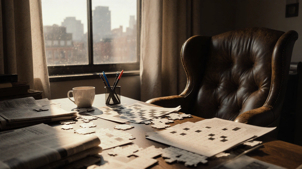 Puzzle enthusiast solving crossword clues with scattered pieces and newspaper cutouts on cluttered desk near window