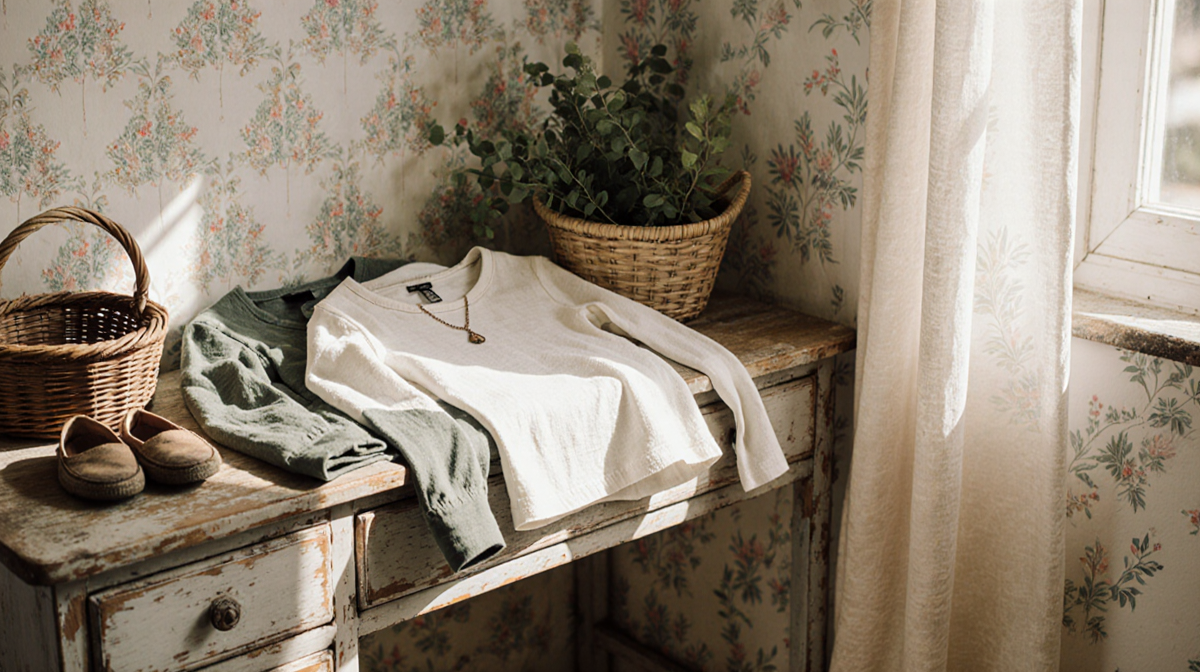 Neatly folded long‑sleeve tops lie on a vintage wooden desk with warm golden light streaming in during a cozy spring morning.