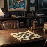 Wooden desk holding completed NYT Mini Crossword with warm lamp light and books on shelves