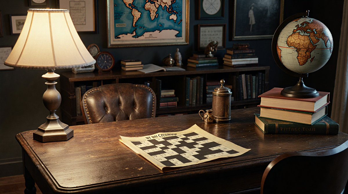 Wooden desk holding completed NYT Mini Crossword with warm lamp light and books on shelves