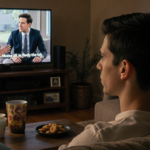 Person leaning forward watching TV with warm lighting and family photos around and snacks