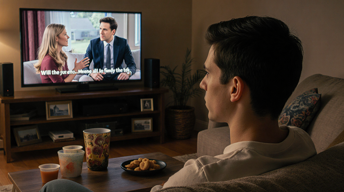 Person leaning forward watching TV with warm lighting and family photos around and snacks