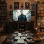 Vintage television casts a warm glow with golden lighting on couches and Netflix posters in a cozy TV room