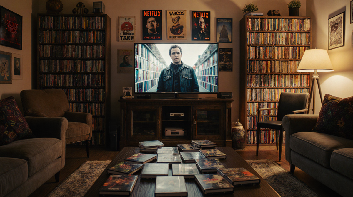 Vintage television casts a warm glow with golden lighting on couches and Netflix posters in a cozy TV room