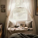 Sunlit window seat holds scattered jewelry and worn journals with vintage trunk showing at foot of bed