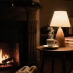 Cozy apartment interior with glowing cordless lamp and steaming hot cocoa beside crackling fireplace