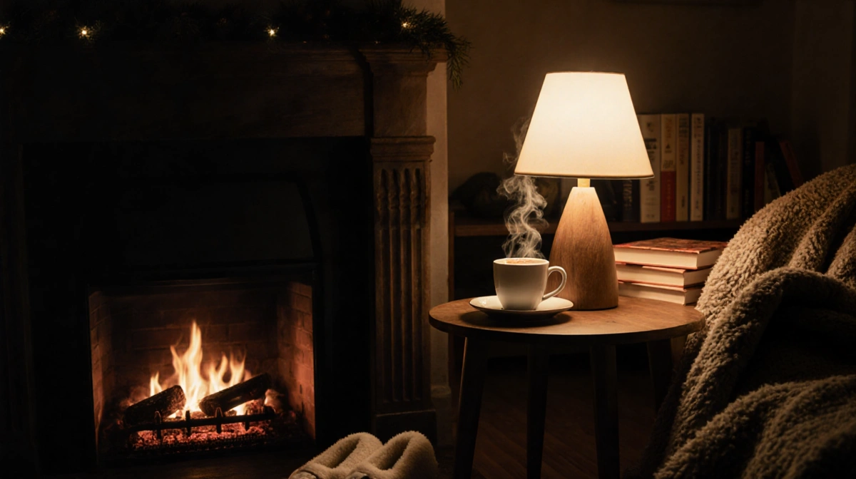 Cozy apartment interior with glowing cordless lamp and steaming hot cocoa beside crackling fireplace