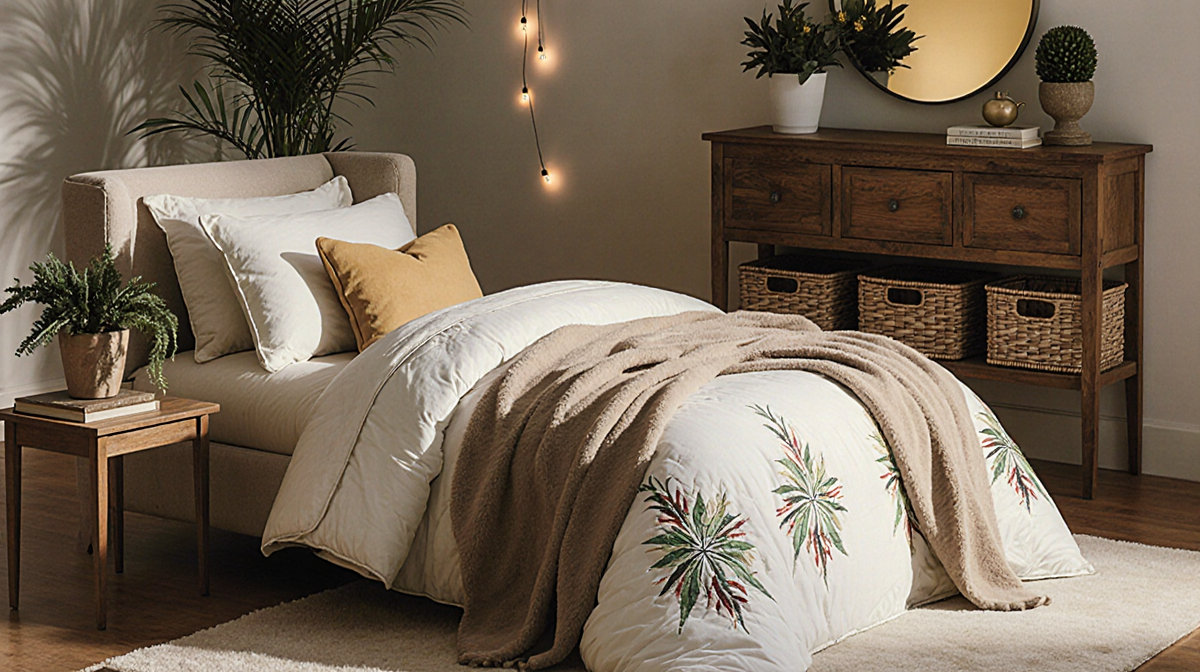 Cozy winter living room displays reversible quilt on chaise lounge with golden lighting and wooden furniture.