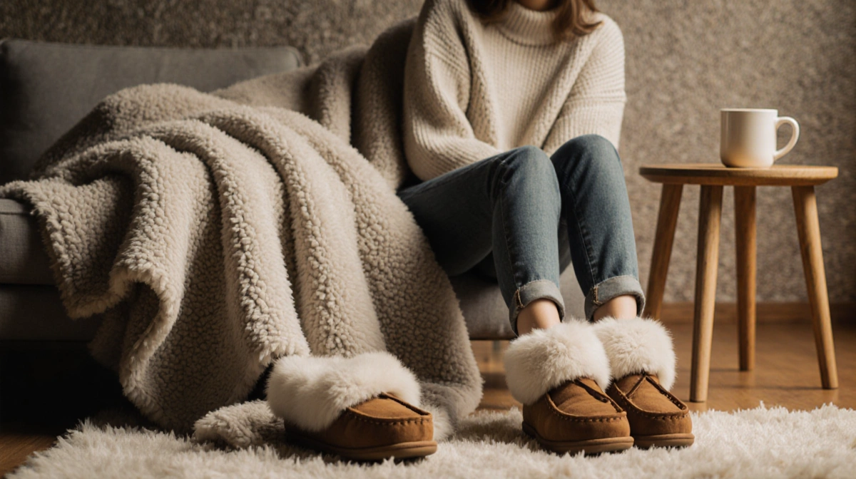 Woman relaxing in cozy winter lounge set with oversized throw blanket and warm beverage on wooden table