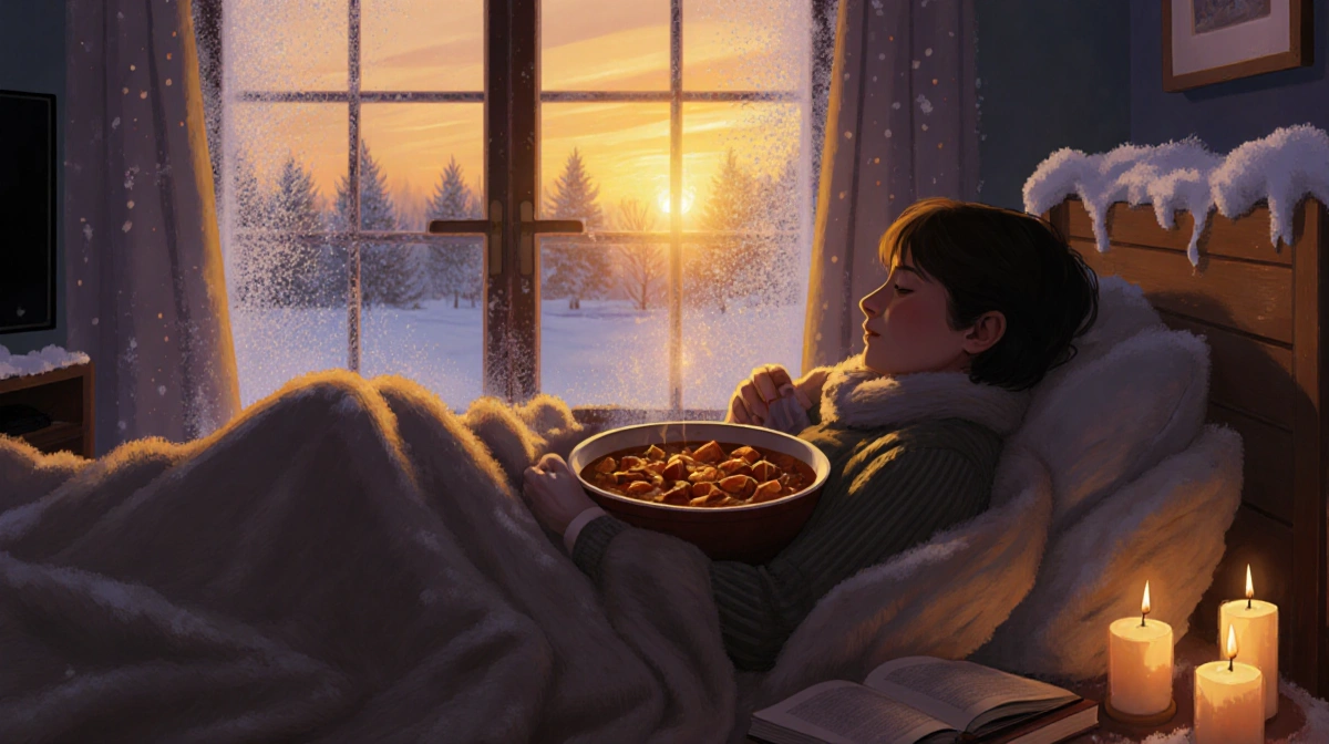 Person enjoying cozy winter stew with soft blankets and candles while golden sunset glows through frosty window
