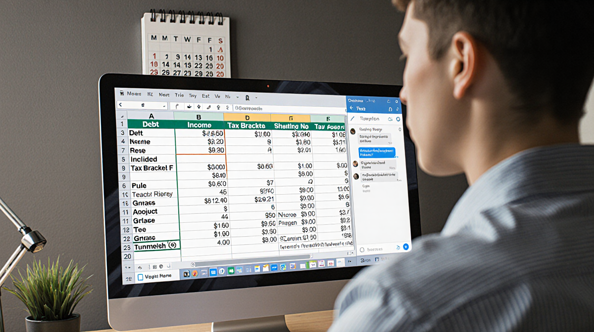 CPA reviewing financial planning spreadsheet with debt income tax bracket columns and a chatbot showing outdated data.