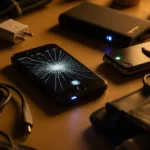 Cracked smartphone sits on messy desk with glowing Ugreen 300W power bank and tangled charging cables showing tech wear