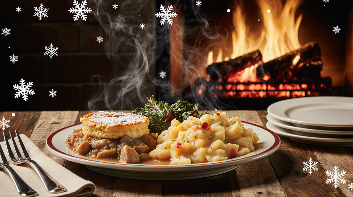 Steaming hot plate displaying chicken pot pie and mac 'n cheese with Cracker Barrel warm fireplace