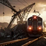 Collapsed crane hangs over stopped passenger train with twisted steel beams and injured passengers evacuating near the tracks