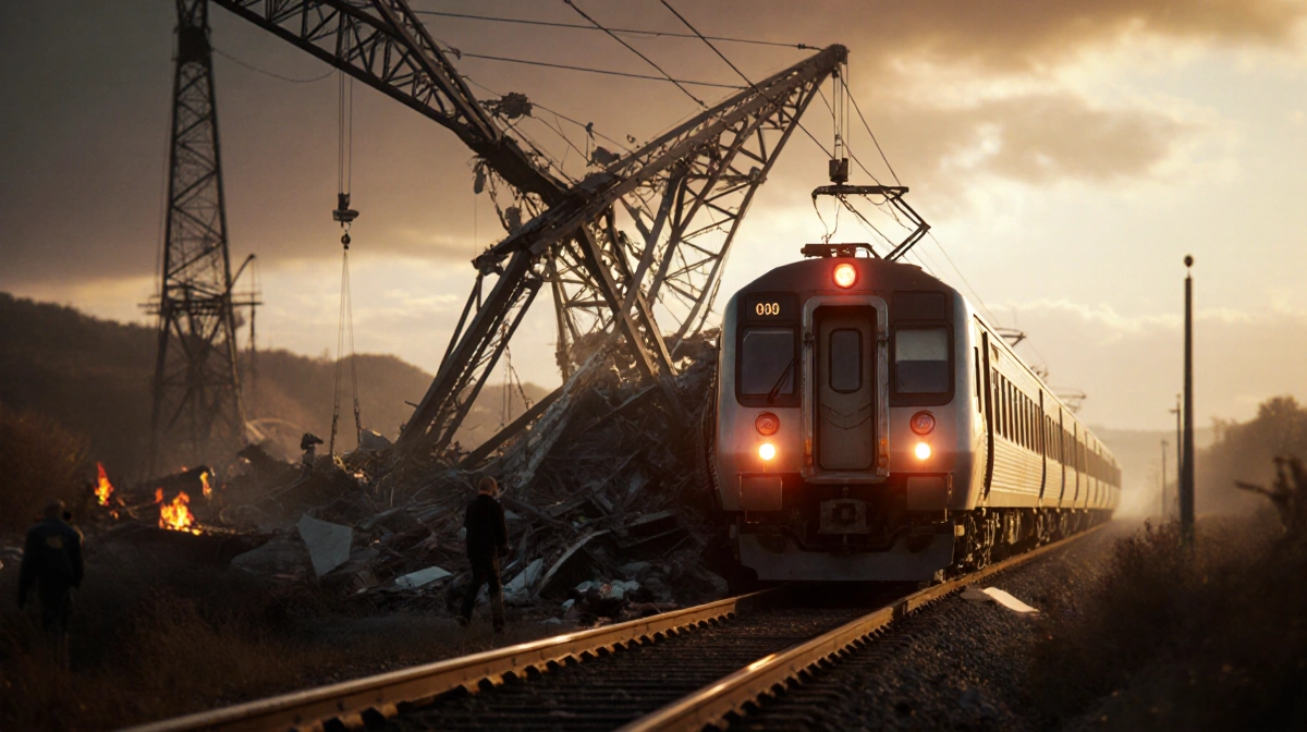 Collapsed crane hangs over stopped passenger train with twisted steel beams and injured passengers evacuating near the tracks