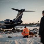 Rescue worker kneeling beside stretcher with overturned jet debris on snow runway at dusk