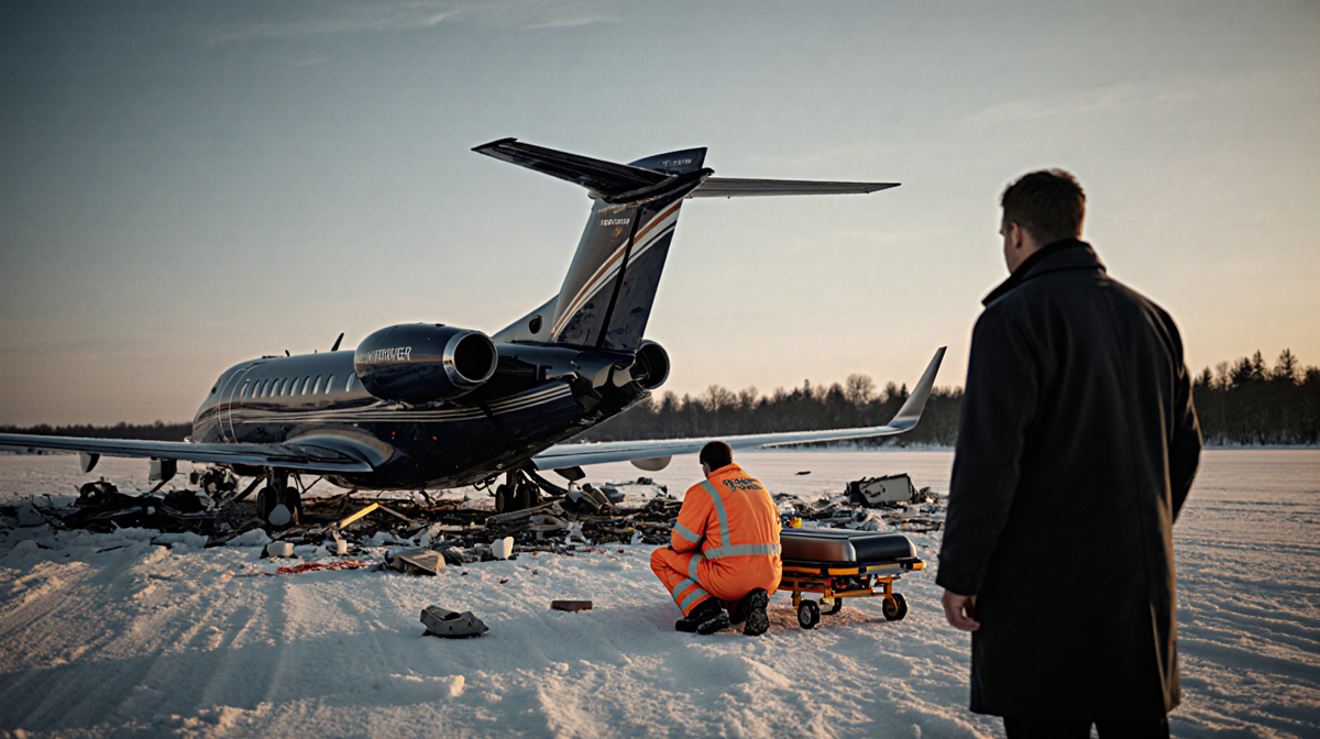 Rescue worker kneeling beside stretcher with overturned jet debris on snow runway at dusk