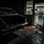 Crashed car interior with shattered glass and twisted metal reflecting broken storefront windows
