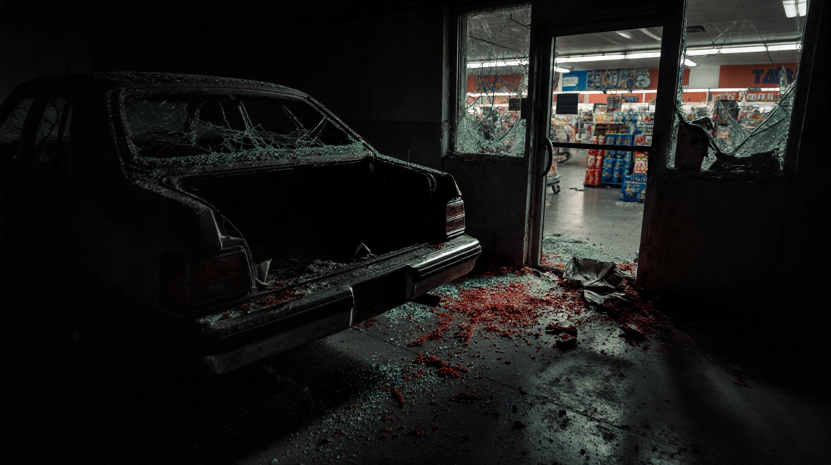 Crashed car interior with shattered glass and twisted metal reflecting broken storefront windows
